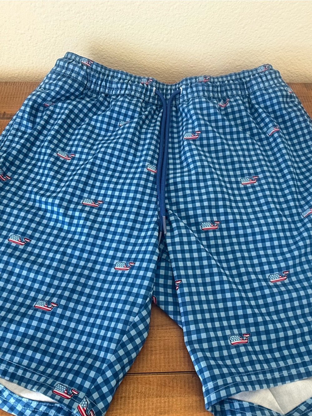 Vineyard Vines Blue Gingham Shorts with Boat Embroidery